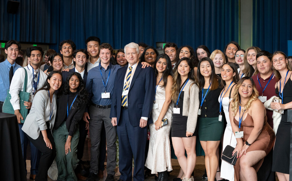 UCLA Chancellor Gene Block poses for a group photo with the Undergraduate Student Association Council, which celebrates the welcoming and inclusive environment fostered by clubs and organizations.
