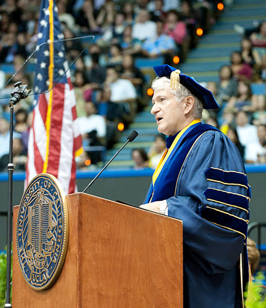 Chancellor Block speaks at Pauley Pavilion during the 2009 commencement ceremony at UCLA