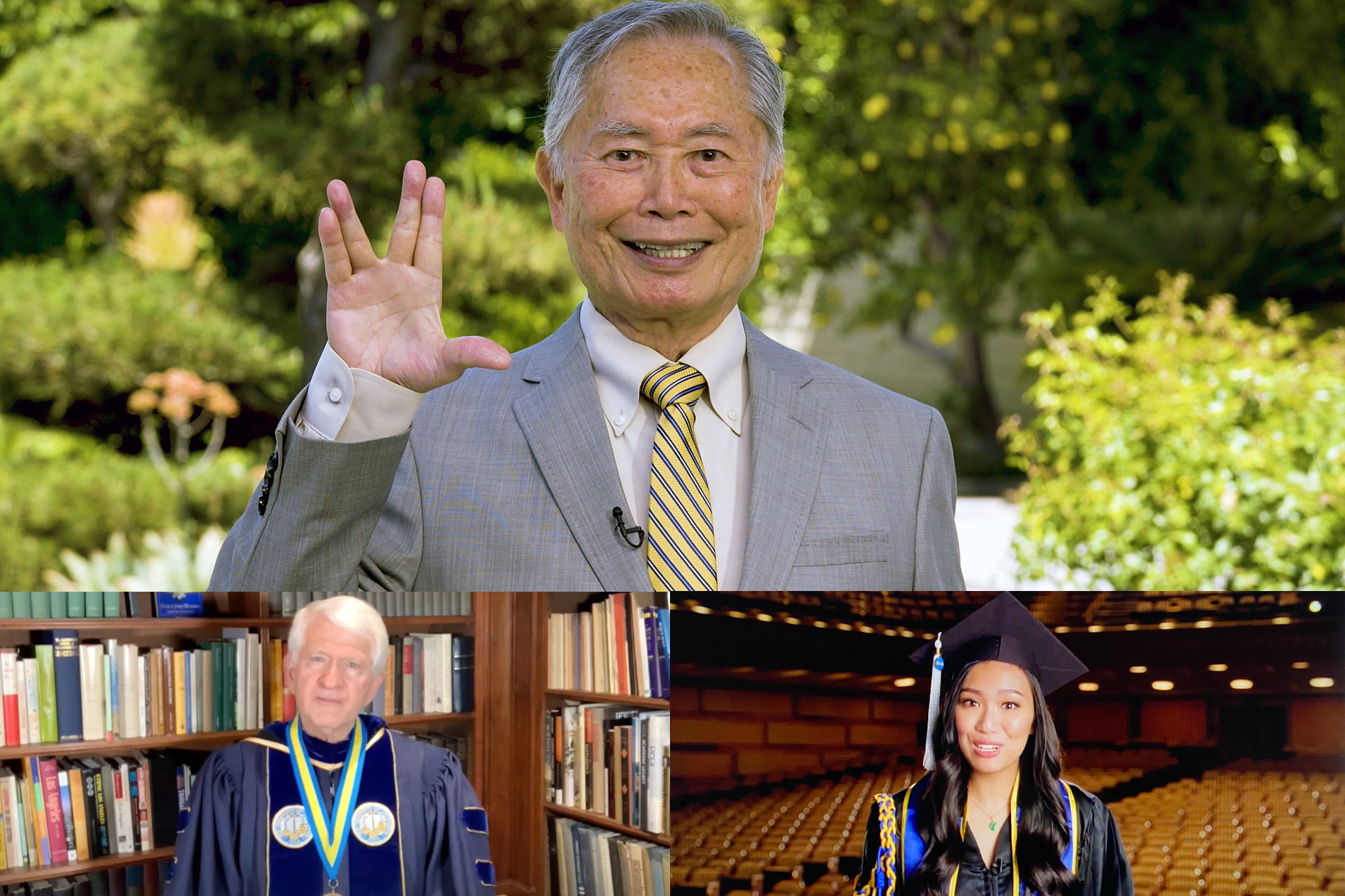 Photo collage: Top, a grey-haired man raises his palm forward in the Vulcan salute; greenery behind him. Lower left, Chancellor Block in blue regalia; bookshelves behind him. Lower right, a woman with long hair in a black graduation gown; empty theatre seats behind her.