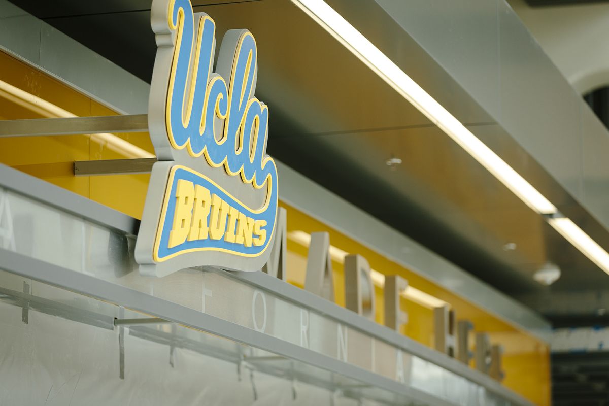 UCLA Bruins signage on the outside of a renovated Pauley Pavillion. 